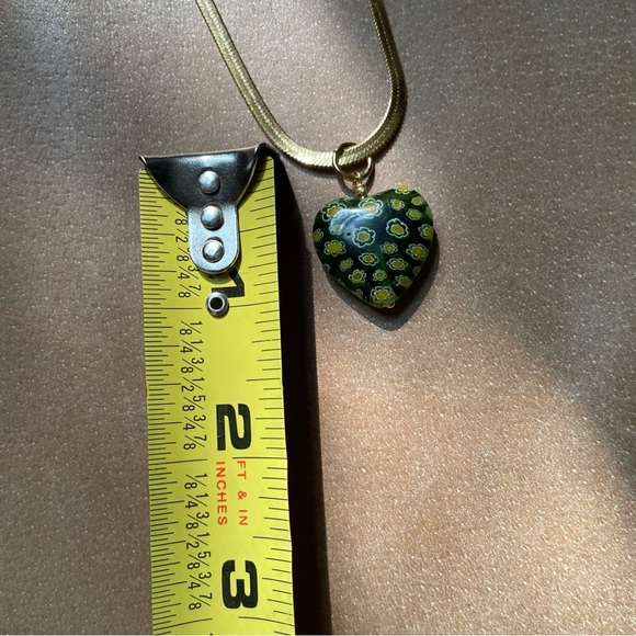 💚Green Heart Italian Millefiori glass bead snake chain herringbone gold plated - Picture 8 of 9